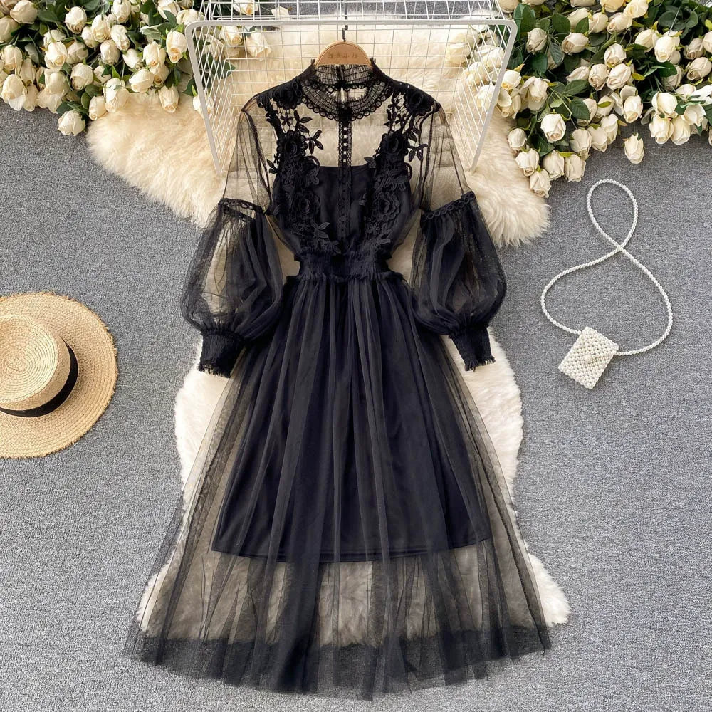 Lace floral mesh dress, elegant stand collar, lantern sleeves