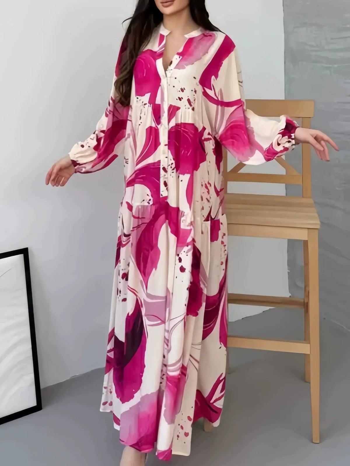 New European and American Style Amazon Independent Website Printed Dress, Loose Casual Long Sleeve Elegant V-Neck Maxi Dress for Women