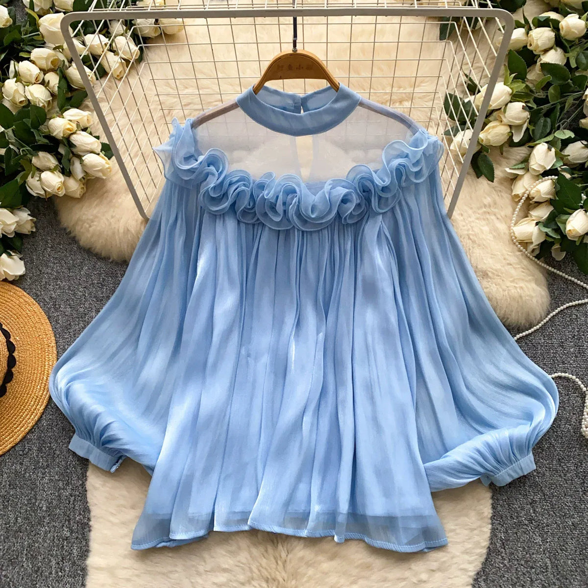 Korean style commuter-appropriate, skin-friendly, breathable ruffled blouse, women's summer long-sleeved mesh loose pink girly top
