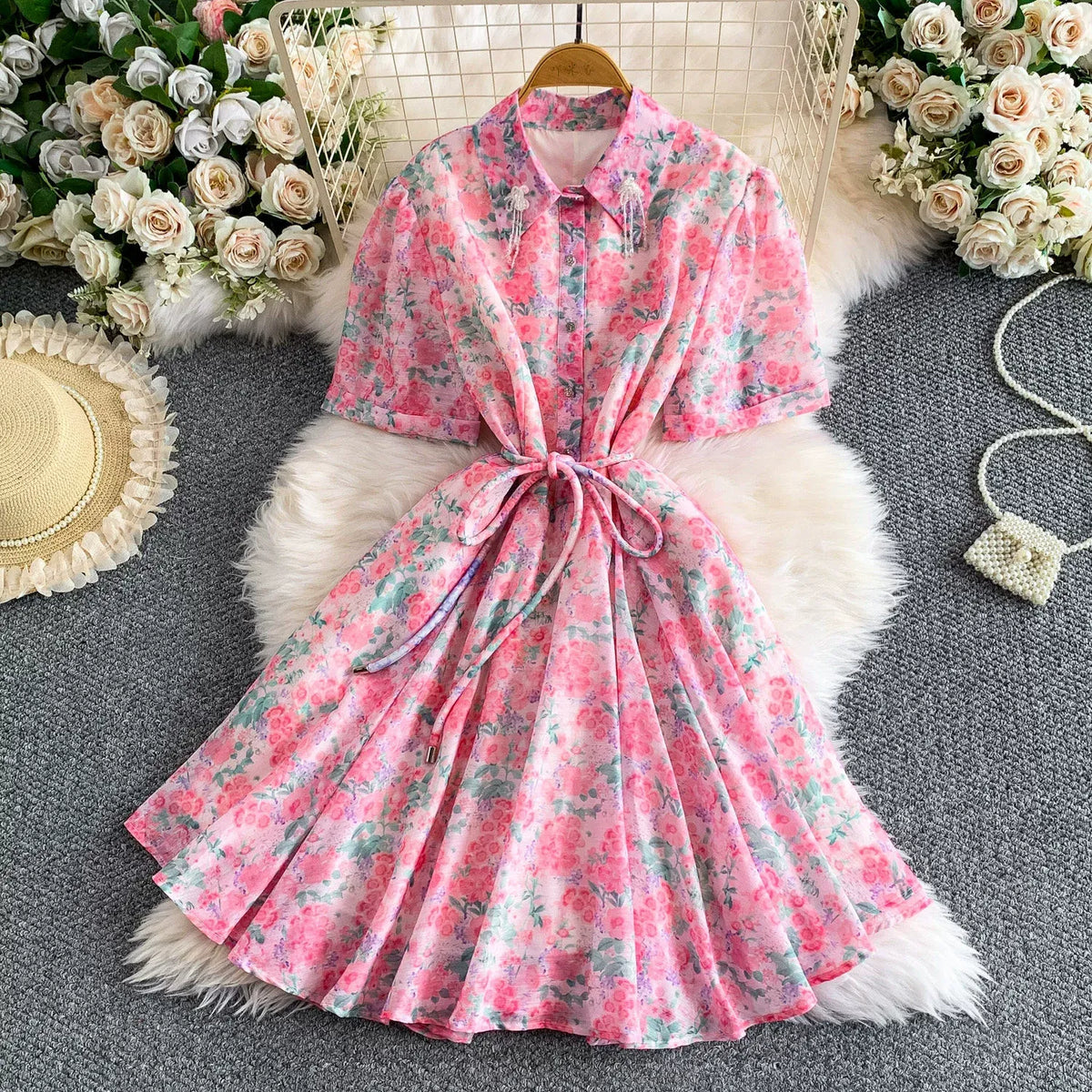 French-style exquisite light luxury age-reducing crystal pendant lapel dress
