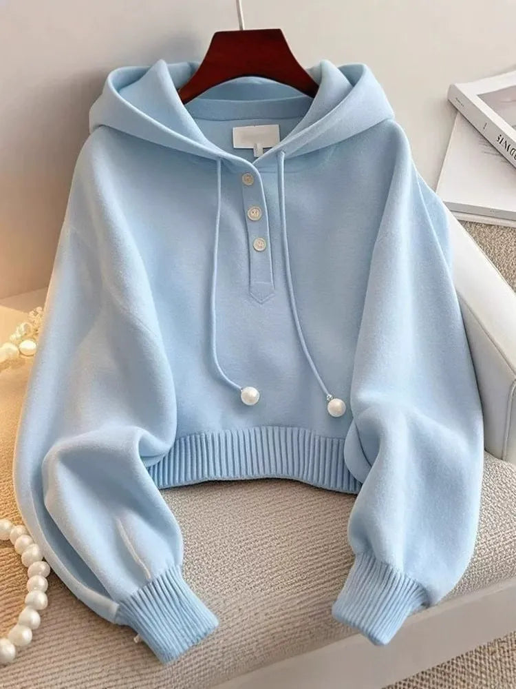 Unique and Chic Blue Hooded Drawstring Knit Sweatshirt, Autumn Korean Style, Lazy Fashion, Stylish and Comfortable Base Shirt