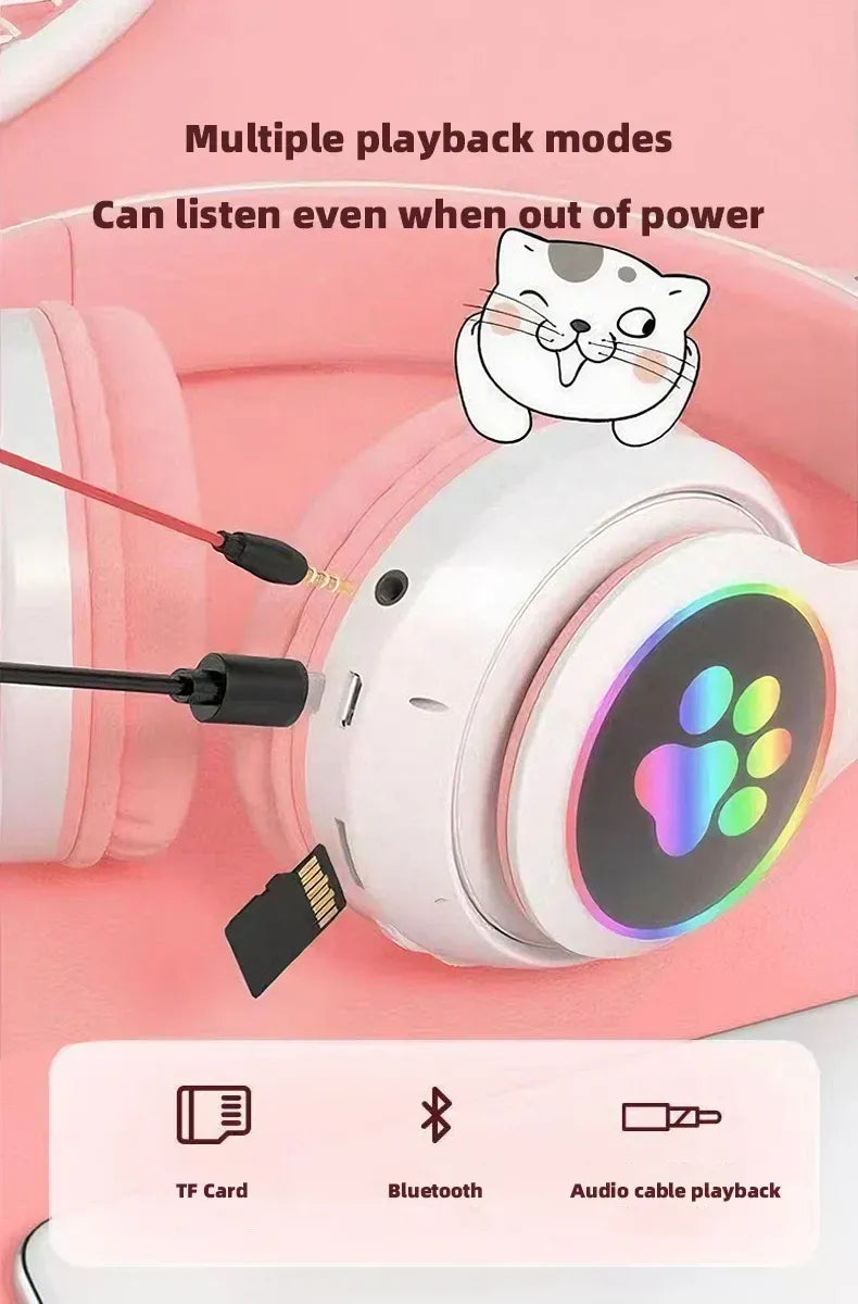 Wireless Headphone Flash Light Cute Cat Bluetooth with Mic Control LED Stereo Music Helmet Phone Bluetooth Headset Gift