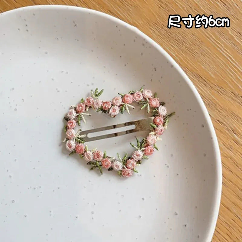 Pink Embroidered Flower Hairpin for Girls Kids Hair Clip Bangs Side Hair Accessory Barrettes