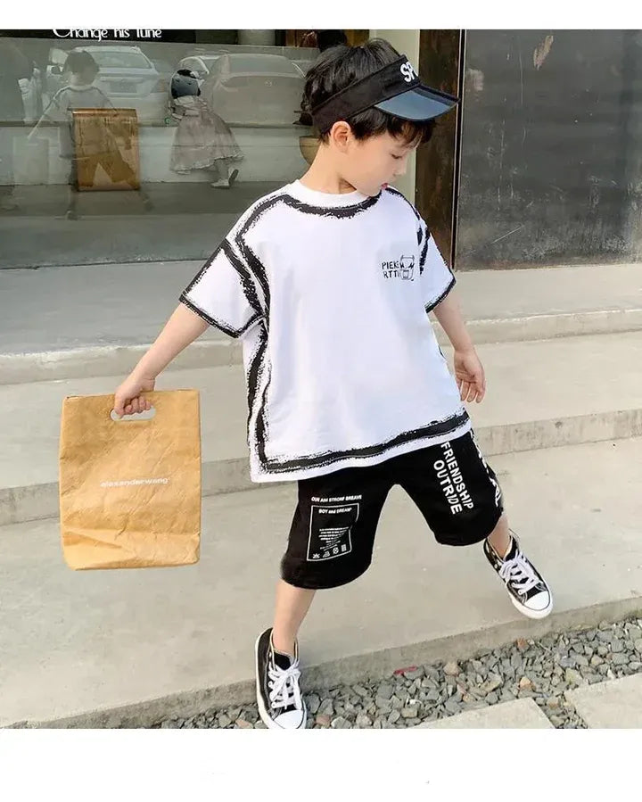 Summer Casual Boys Cotton Contrast Alphabet Graffiti t-Shirt Top+Shorts Pant Set School Kids Tracksuit Child 2PCS Outfit 5-14 Yr