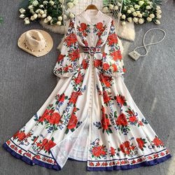 European and American court style retro print stand collar lantern sleeve dress women's spring and autumn button-down waist fitted long skirt elegant long dress