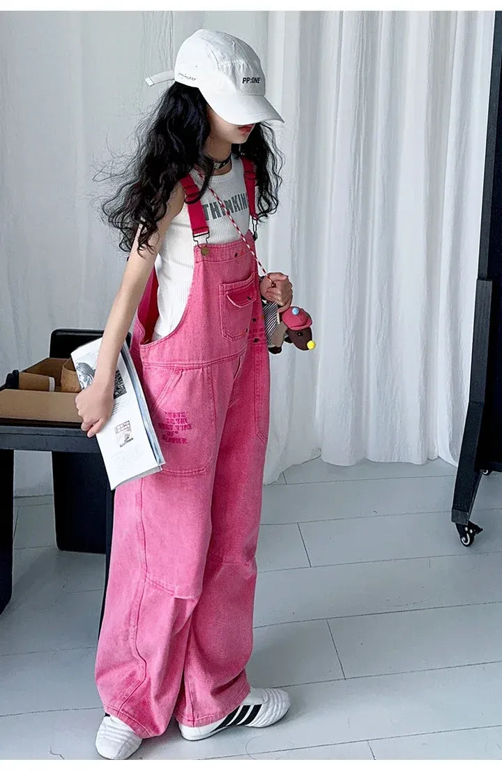 Luxury Kids Pink Denim Dungarees Bib Jeans for Teens Girl Casual Suspender Jumpsuit Child Fashion Jeans Overalls