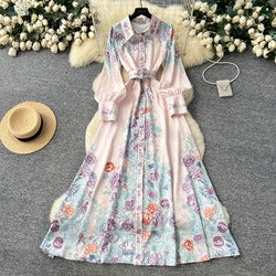 European and American court style retro print stand collar lantern sleeve dress women's spring and autumn button-down waist fitted long skirt elegant long dress