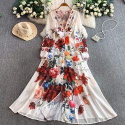 European and American court style retro print stand collar lantern sleeve dress women's spring and autumn button-down waist fitted long skirt elegant long dress