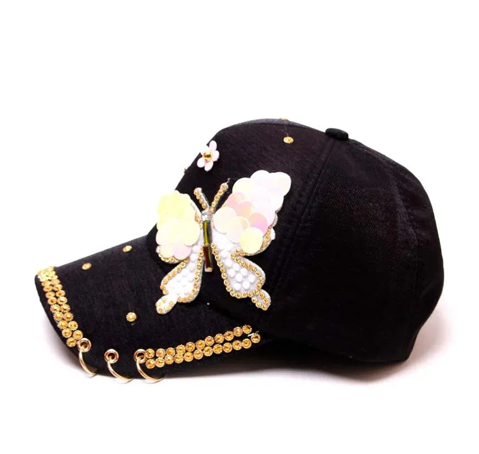 Autumn Women's Baseball Cap Women Full Crystal Colorful Big Butterfly Hat Cotton Shiny Metal Snapback Caps Hip Hop hats