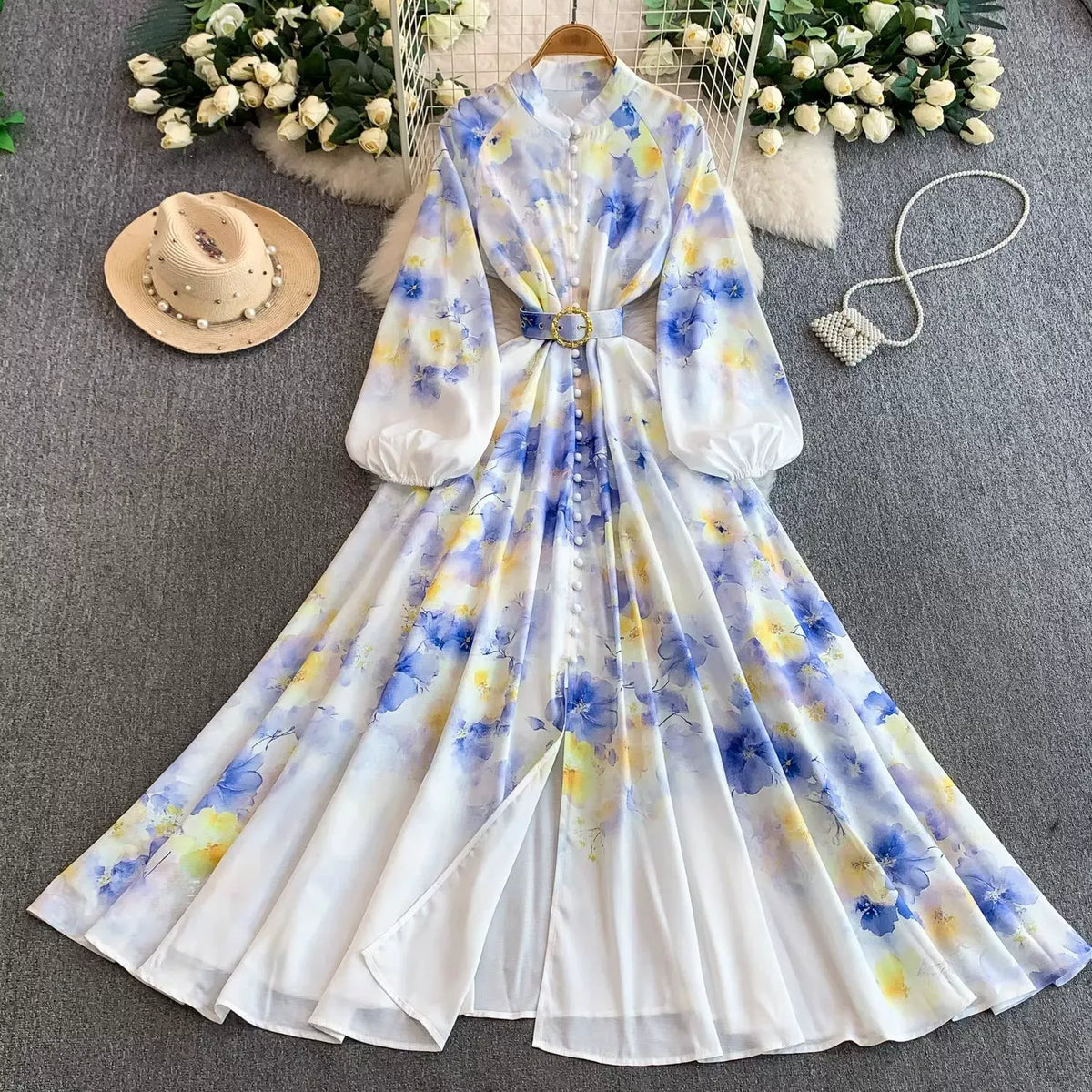 European and American court style retro print stand collar lantern sleeve dress women's spring and autumn button-down waist fitted long skirt elegant long dress