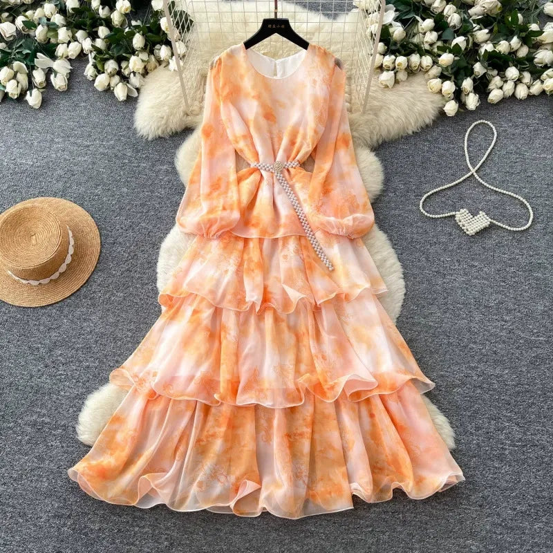 French romantic style purple floral spring print dress for women