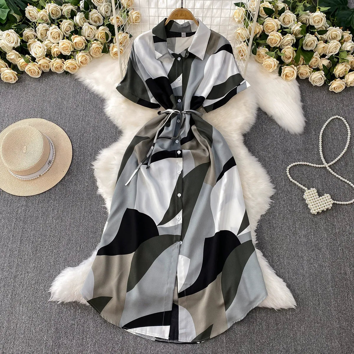 French-style printed collared shirt dress for women, summer vacation style