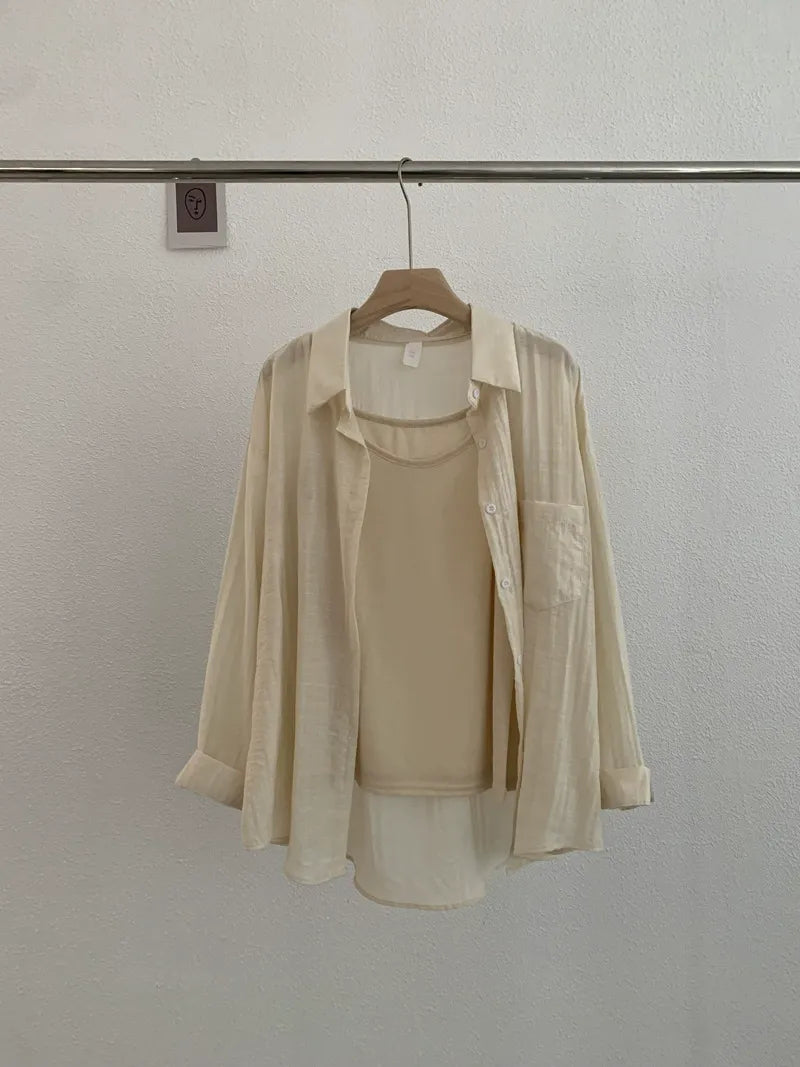 Summer thin lapel long sleeve solid color loose shirt