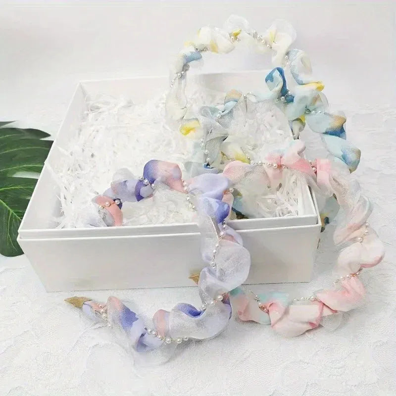 French Pearl Headband – Crinkled Fabric with Floral Print, Padded Volumizing Hairband for Women Headbands for Women