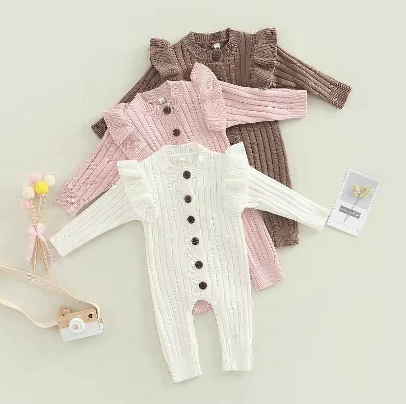 New  Winter Baby Girl’s Knitted Long Sleeve Sweater Jumpsuit Fashion Solid Color Round Neck Ruffles Button Warm Romper Outfits (Available)