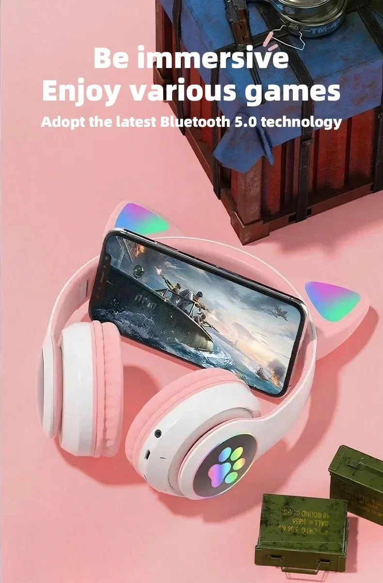 Wireless Headphone Flash Light Cute Cat Bluetooth with Mic Control LED Stereo Music Helmet Phone Bluetooth Headset Gift