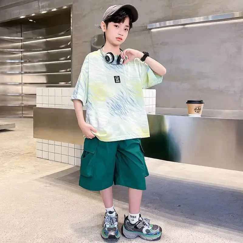 Hip Hop Children Cotton Solid Sportswear Kid Boys Clothing Set Boys Summer Suit Teen Boys Short Sleeve + Pants 2piece  loose
