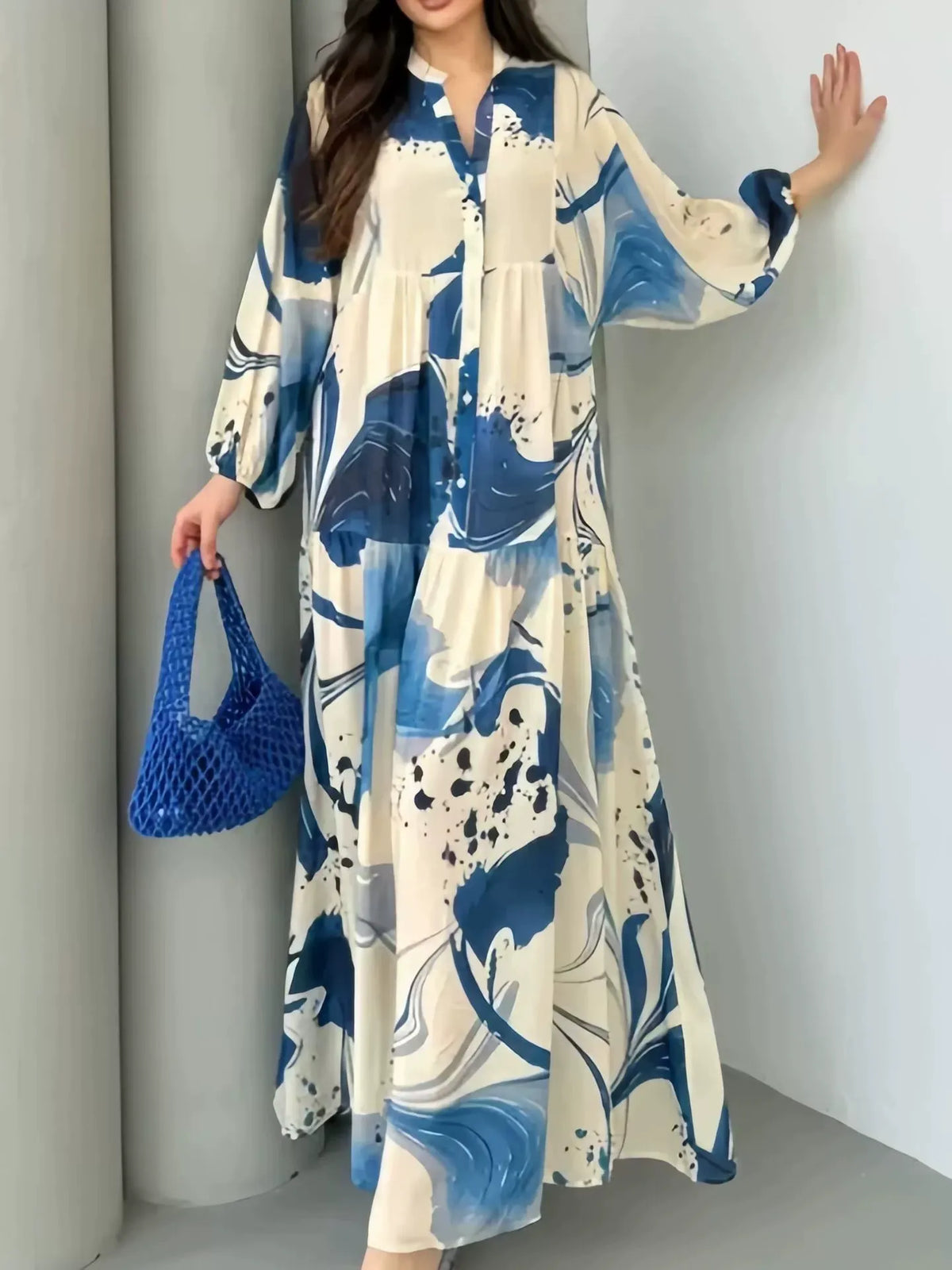 New European and American Style Amazon Independent Website Printed Dress, Loose Casual Long Sleeve Elegant V-Neck Maxi Dress for Women