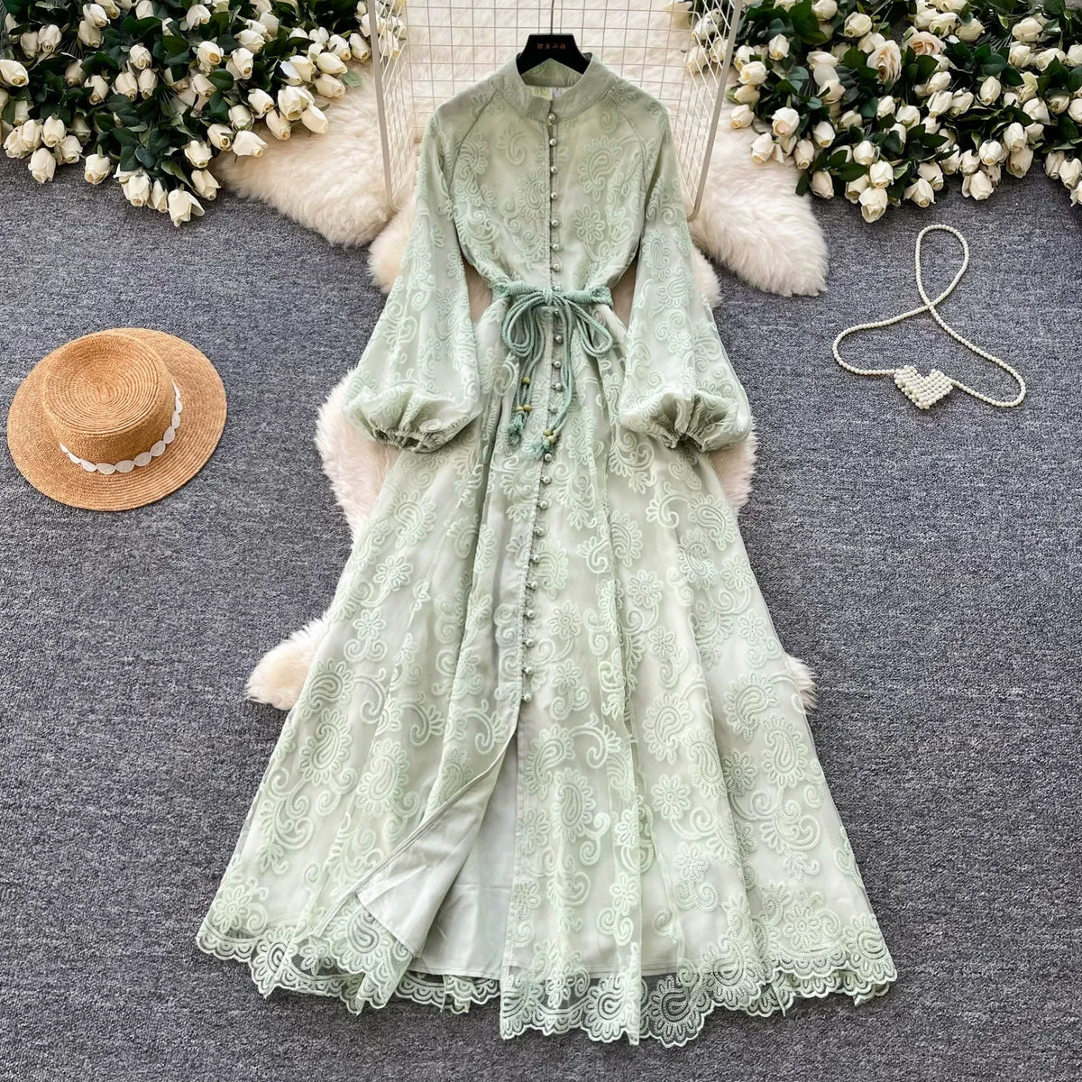French romantic style stand-up collar lantern sleeve lace dress for women