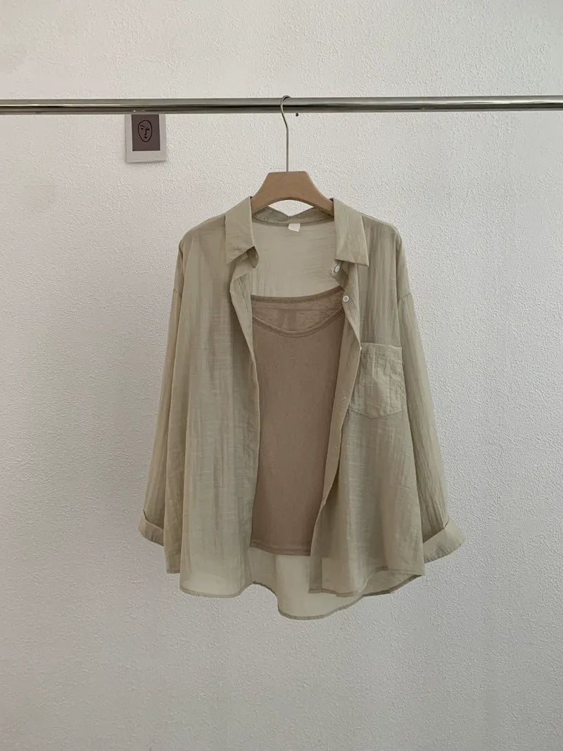Summer thin lapel long sleeve solid color loose shirt