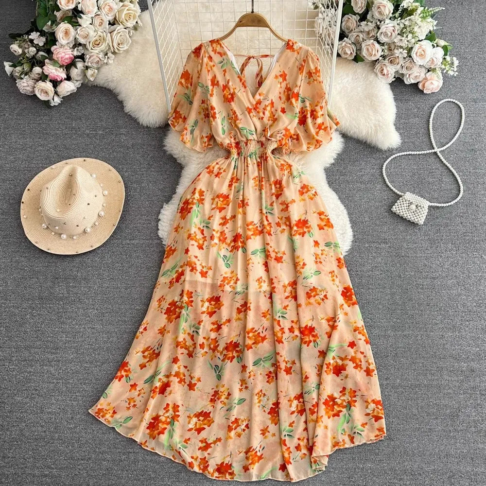 Cross-border summer gentle style short-sleeved V-neck waist-cinching A-line floral chiffon dress for beach vacation with a long skirt