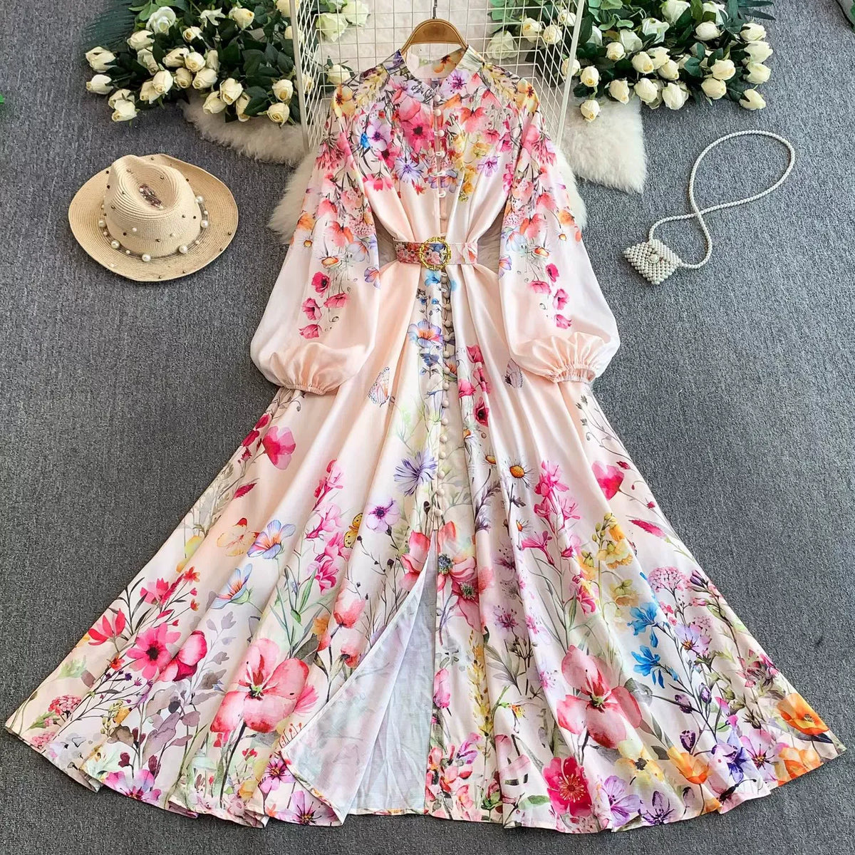 European and American court style retro print stand collar lantern sleeve dress women's spring and autumn button-down waist fitted long skirt elegant long dress