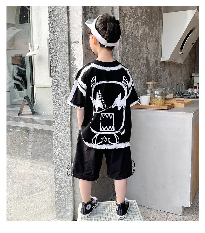 Summer Casual Boys Cotton Contrast Alphabet Graffiti t-Shirt Top+Shorts Pant Set School Kids Tracksuit Child 2PCS Outfit 5-14 Yr