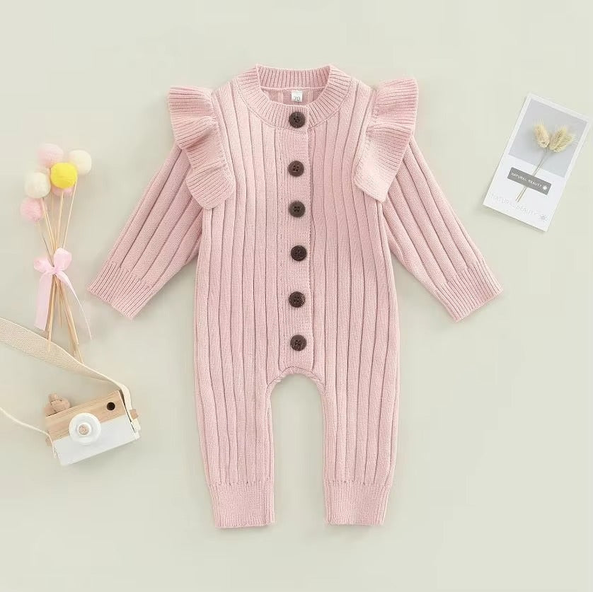 New  Winter Baby Girl’s Knitted Long Sleeve Sweater Jumpsuit Fashion Solid Color Round Neck Ruffles Button Warm Romper Outfits (Available)