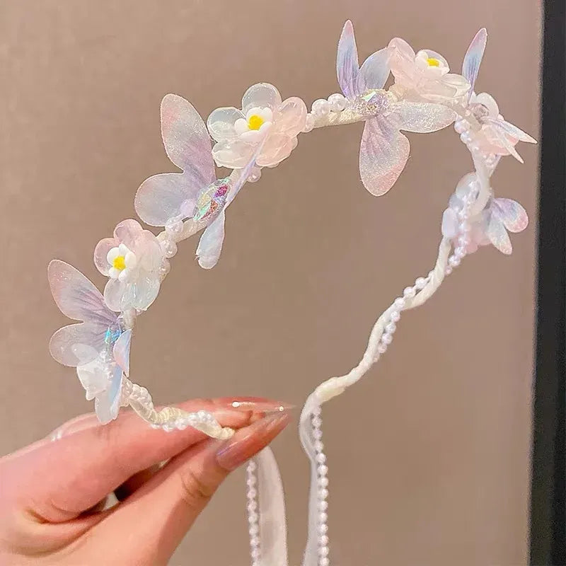 Sweet Wreath Ribbon Hair Hoops for Girl Cute Flower Butterfly Fairy Headdress Princess Braided Hair Bands