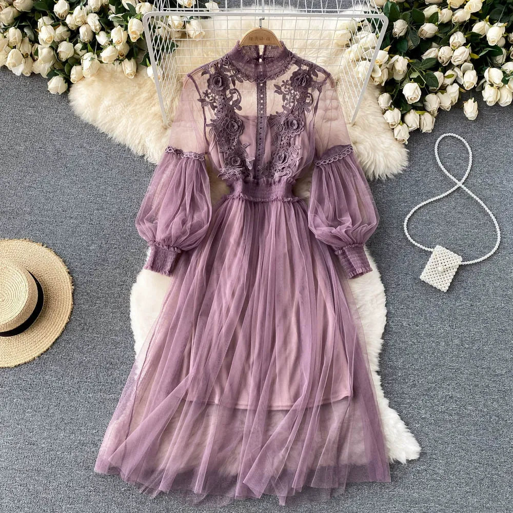 Lace floral mesh dress, elegant stand collar, lantern sleeves