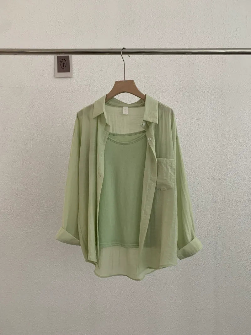 Summer thin lapel long sleeve solid color loose shirt
