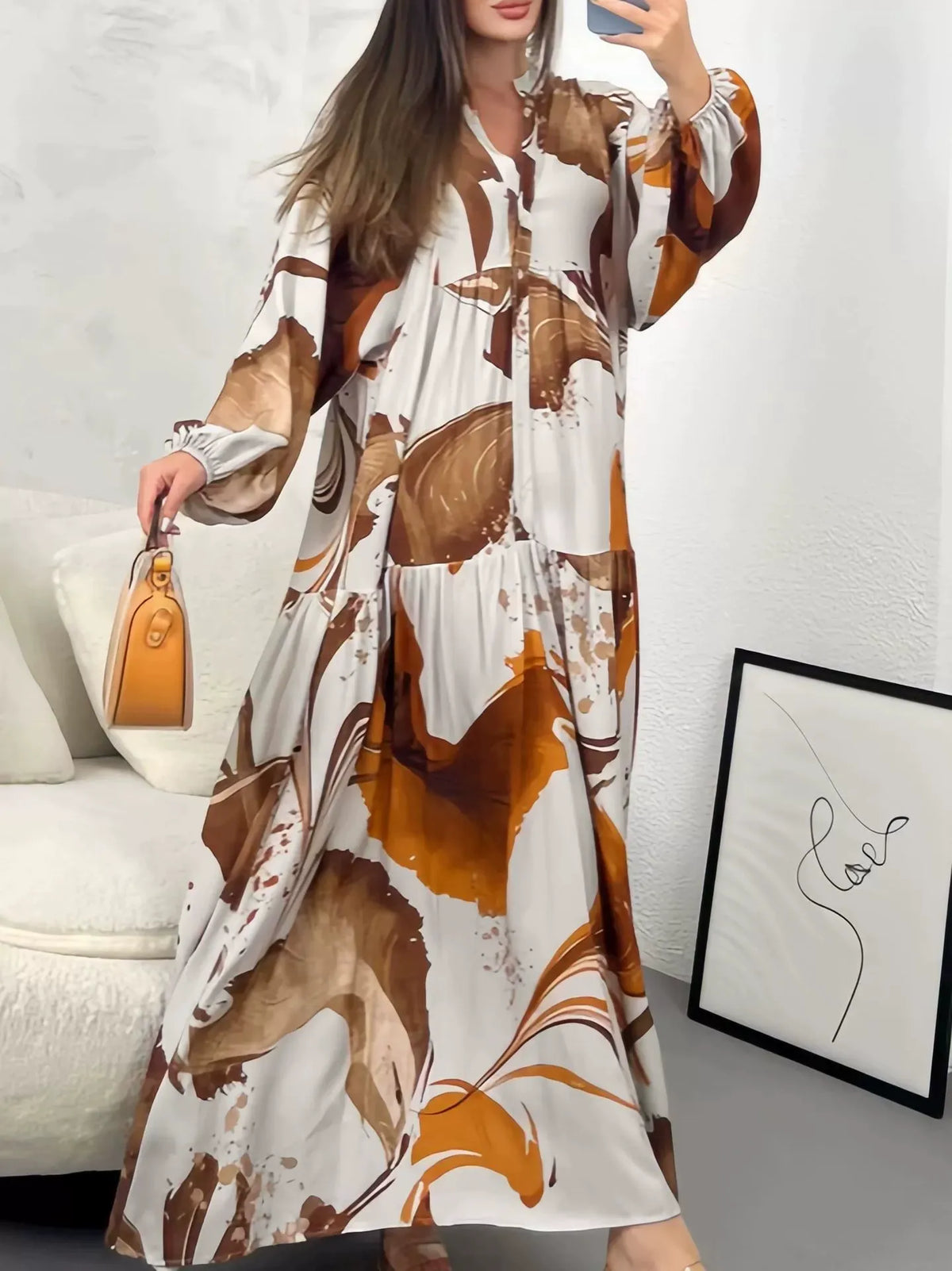 New European and American Style Amazon Independent Website Printed Dress, Loose Casual Long Sleeve Elegant V-Neck Maxi Dress for Women