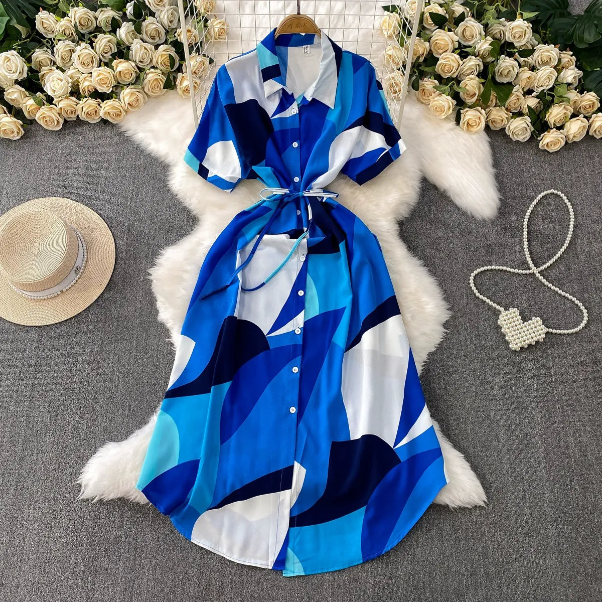 French-style printed collared shirt dress for women, summer vacation style