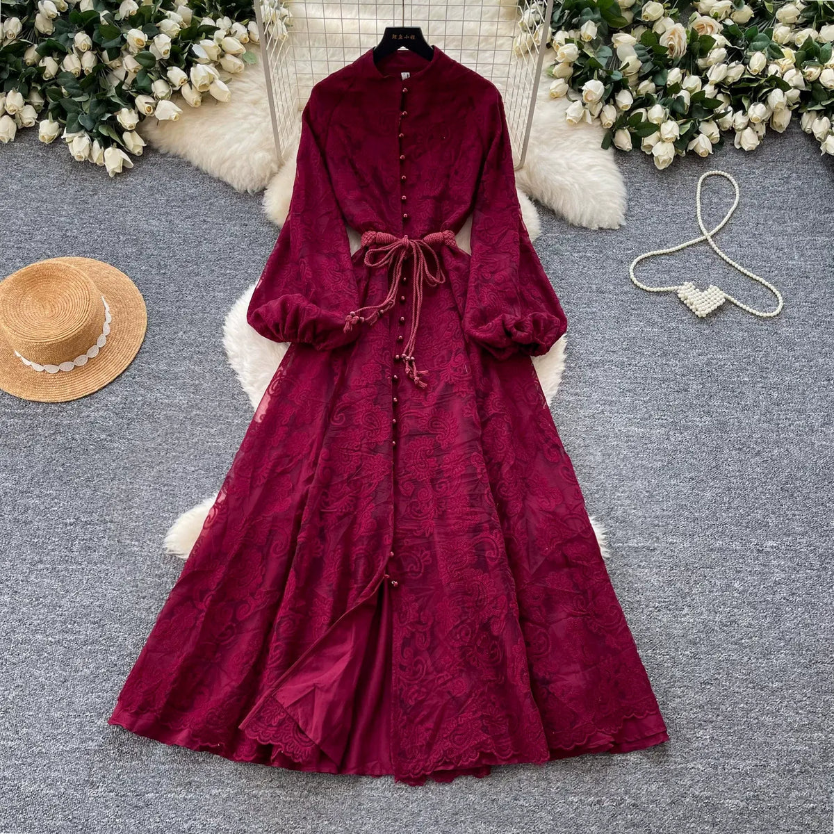 French romantic style stand-up collar lantern sleeve lace dress for women