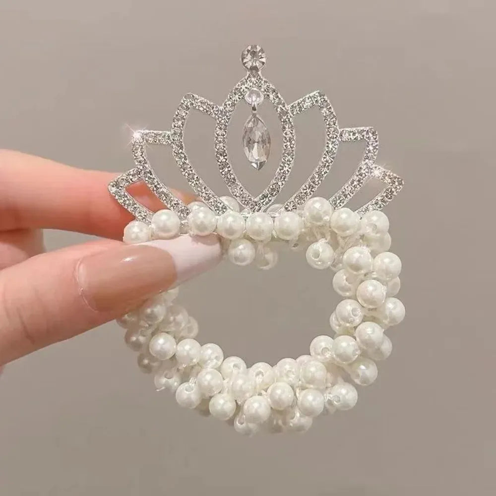 Fashion Pearl Crown Princess Cute Kids Hair Bands Elastic Rubber Bands