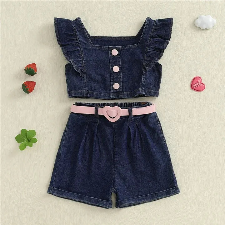 Baby Girls Summer Outfits Fly Sleeves Denim Tank Tops and Elastic Denim Shorts with Belt Set Fashion Children Kids Clothes