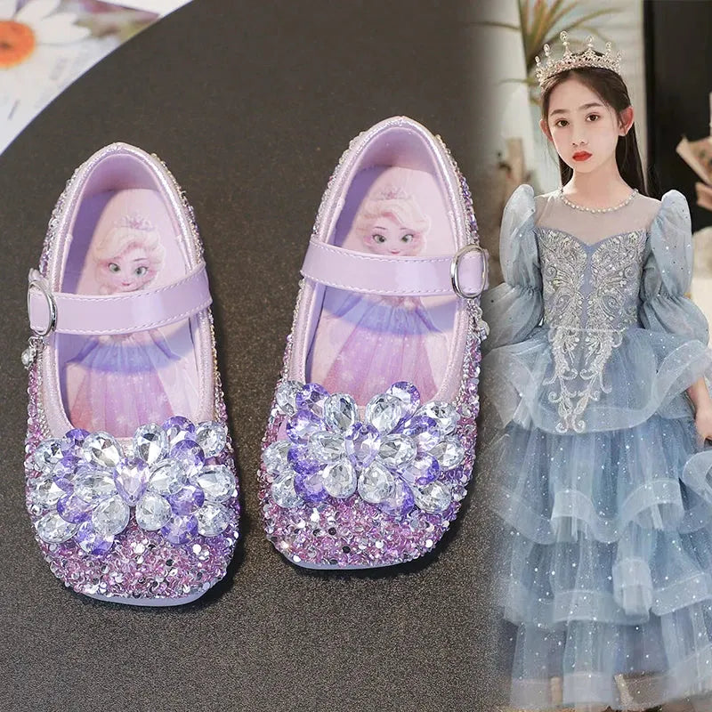 Disney Cartoon Pattern Elsa Princess Crystal Shoes for Girls Fashion New Style Baby Girl Low Heels Sandals Summer Fall Children