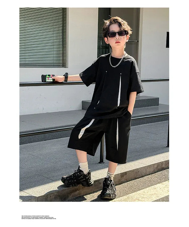 American Kids Design Double Cotton Gauze Clothing Set For Teenage Boy Casual Summer Top and Bottom Clothes Set Child Tracksuit