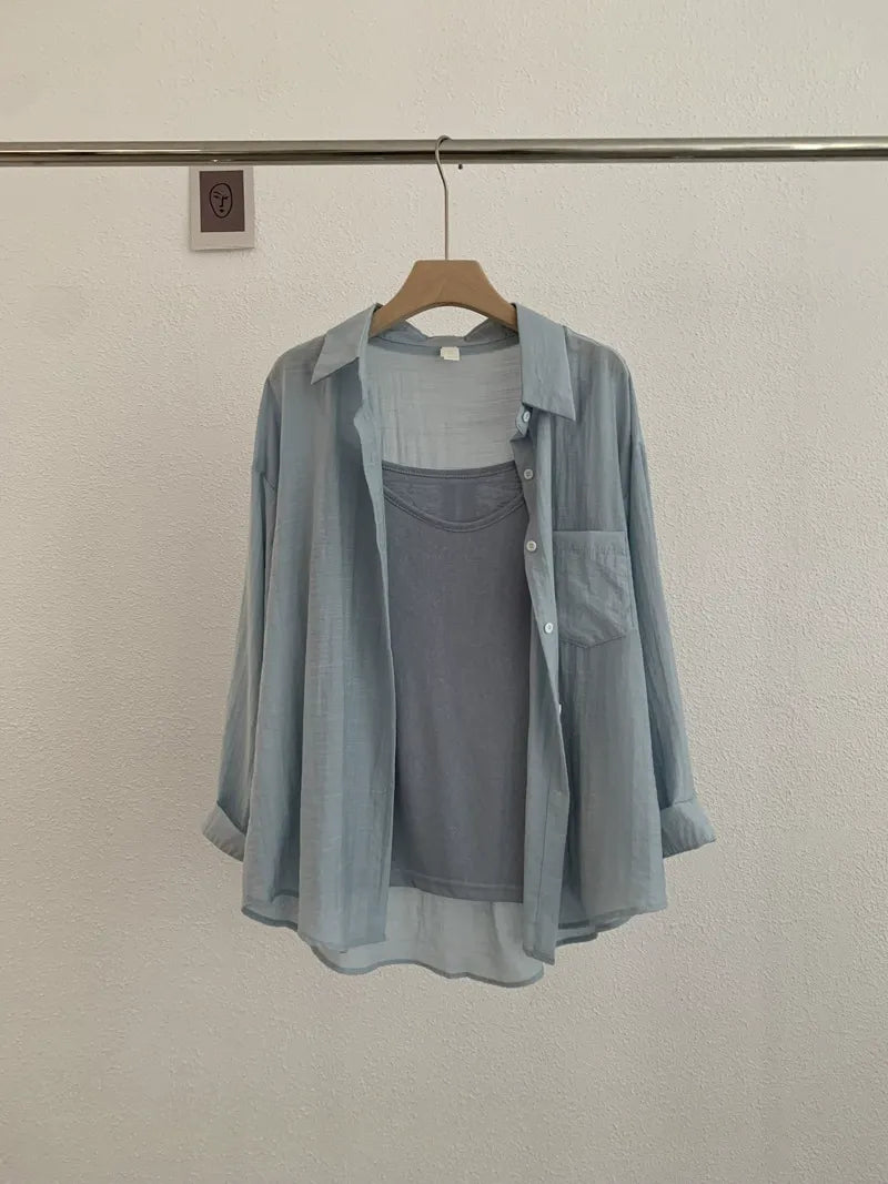 Summer thin lapel long sleeve solid color loose shirt
