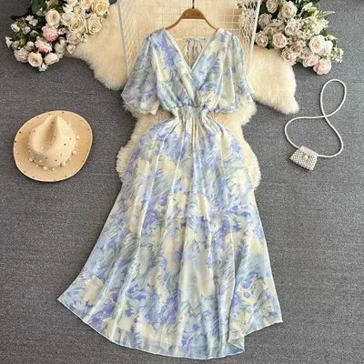 Cross-border summer gentle style short-sleeved V-neck waist-cinching A-line floral chiffon dress for beach vacation with a long skirt