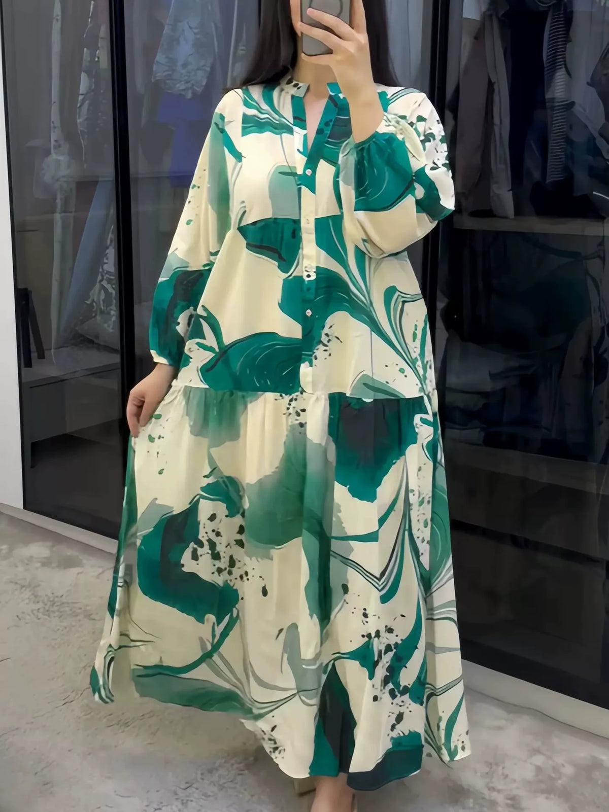 New European and American Style Amazon Independent Website Printed Dress, Loose Casual Long Sleeve Elegant V-Neck Maxi Dress for Women