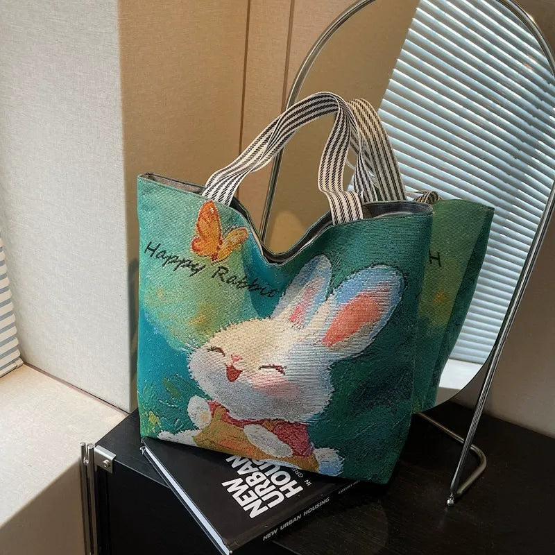 Korean Style Large-Capacity Embroidered Canvas Shoulder Bag for Women