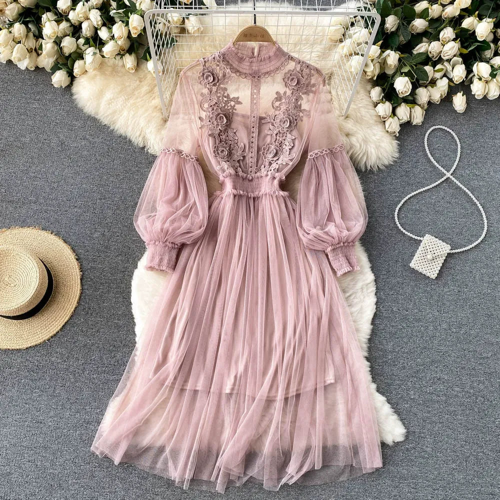 Lace floral mesh dress, elegant stand collar, lantern sleeves
