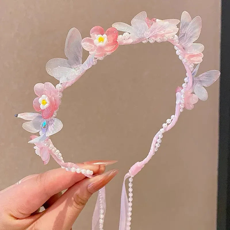 Sweet Wreath Ribbon Hair Hoops for Girl Cute Flower Butterfly Fairy Headdress Princess Braided Hair Bands