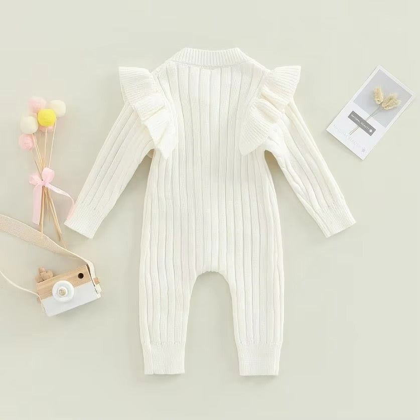 New  Winter Baby Girl’s Knitted Long Sleeve Sweater Jumpsuit Fashion Solid Color Round Neck Ruffles Button Warm Romper Outfits (Available)