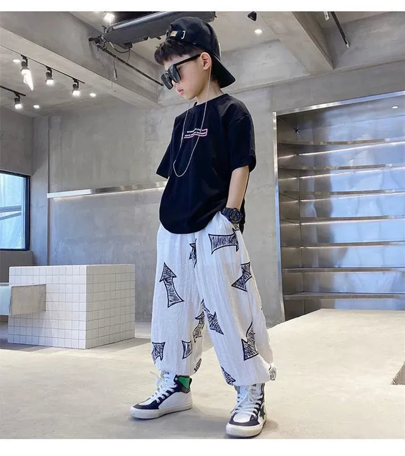 Children's Summer Set Korean Version Boy Hip Hop Loose Short Sleeve T-shirt Casual Mosquito Pants 2-piece Set