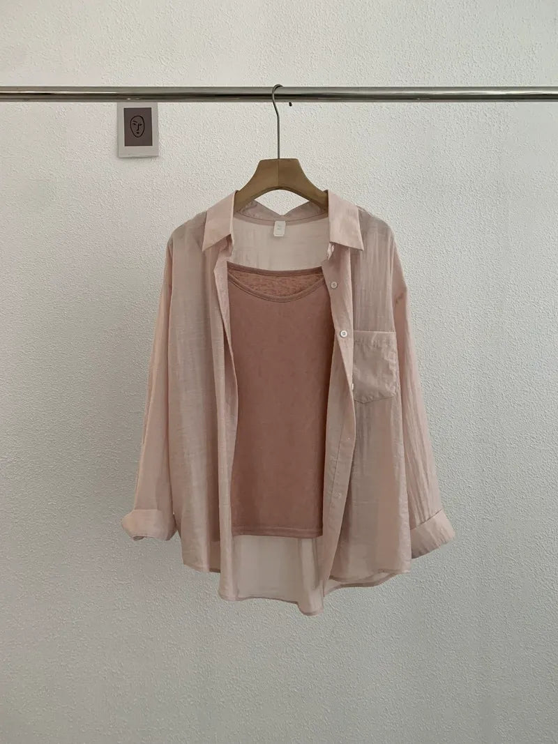 Summer thin lapel long sleeve solid color loose shirt