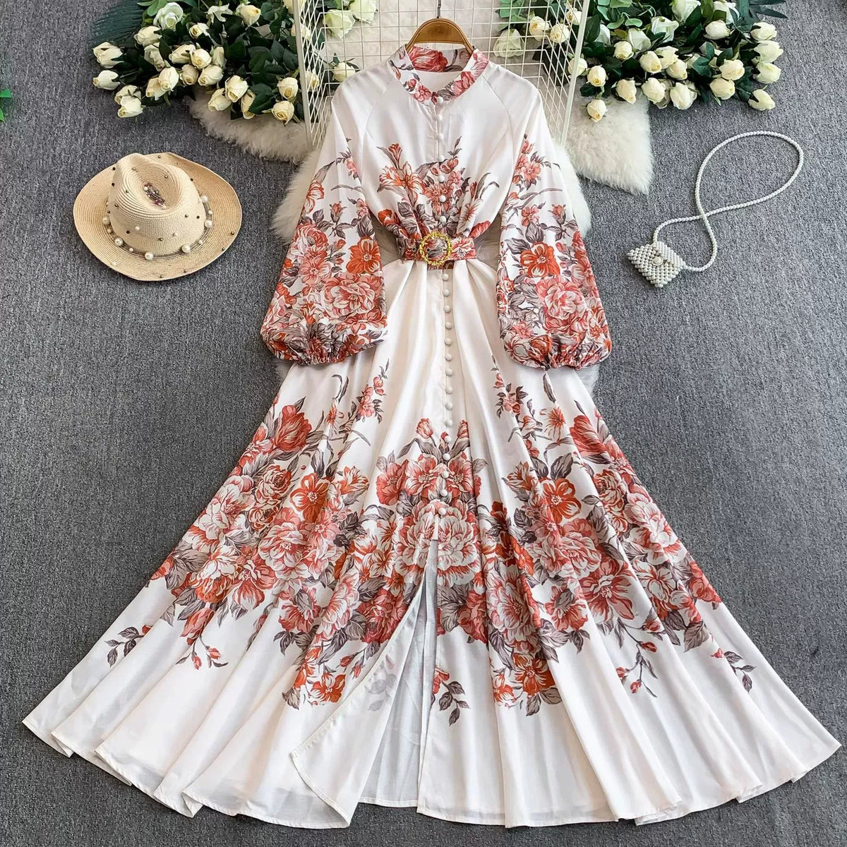 European and American court style retro print stand collar lantern sleeve dress women's spring and autumn button-down waist fitted long skirt elegant long dress