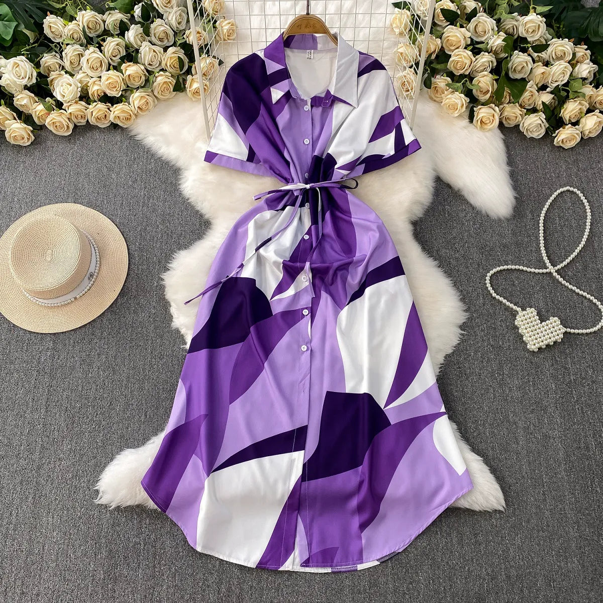 French-style printed collared shirt dress for women, summer vacation style
