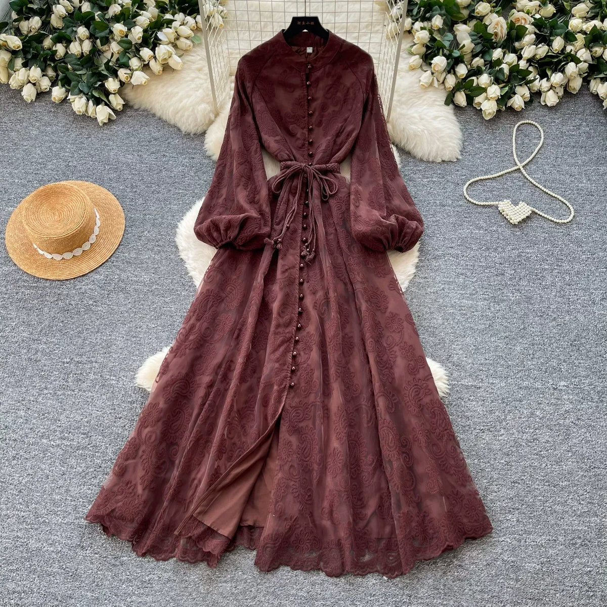 French romantic style stand-up collar lantern sleeve lace dress for women